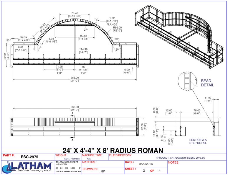 24' Wide Radius Roman End (8R) Full Width Steel Step w/ Bench and Ledge